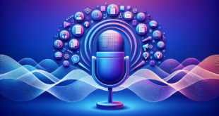 Illustration: On a gradient background transitioning from blue to purple, a large podcast microphone dominates the scene. Radiating waves emanate from it, containing symbols like job applications, interview icons, and open books, indicating the aspects of recruitment and continuous learning.