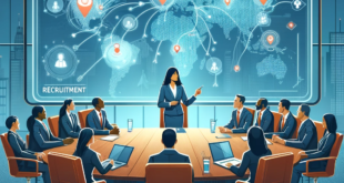 Illustration: A boardroom scene where a diverse group of executives are gathered around a large table. In the center, a South Asian female CEO is passionately discussing recruitment strategies, with a digital wall display in the background showing a global map and points marked for recruitment hotspots. The image conveys a visionary CEO who is also taking the lead in global recruitment efforts.