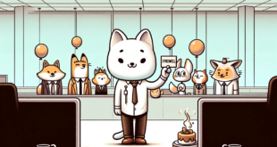 A cartoon-style illustration depicting a minimal and subtly joyous farewell for a departing toxic employee, set in an office environment. The central figure is a cartoon cat in a plain, unremarkable outfit, holding a small, simple farewell card with a neutral expression. Around the cat, several anthropomorphic animals are depicted with expressions of subtle relief and understated happiness. They include a fox with a small smirk, an owl with a raised eyebrow, and a rabbit with a faint smile. The office setting is sparse, with only a few balloons, a small cake on a table, and no decorations, reflecting the minimal effort put into the celebration.