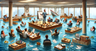 In a cartoon-style office setting, the scene blends a corporate meeting with a sinking ship. The office is gradually submerged in water, creating an aquatic environment inside. Desks, chairs, and office equipment float around, some employees swim or cling to floating objects. Papers, office supplies, and personal belongings drift in the water, creating a chaotic underwater mess. Amidst this, the central character, a leader or manager, stands on a small island of dry floor, using a flip chart or whiteboard, conducting a meeting with enthusiasm, completely oblivious to the office being underwater. The leader's expression is one of focus and enthusiasm, engrossed in their presentation, while team members are visibly distressed, coping with the sinking office. The scene is comical and surreal, emphasizing the leader's ignorance or denial of the crisis around them.