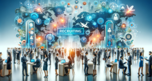 An image representing a modern and vibrant recruitment process, showing a diverse group of professionals engaging in a job fair with interactive booths, cutting-edge technology, and dynamic networking activities, capturing the essence of innovative recruiting in a corporate environment.
