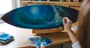 A Parson Painting the Sea Waves on the Surfboard