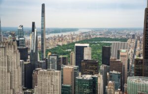 High-angle view of Midtown Manhattan with Central Park and skyscrapers in New York City.