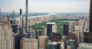 High-angle view of Midtown Manhattan with Central Park and skyscrapers in New York City.