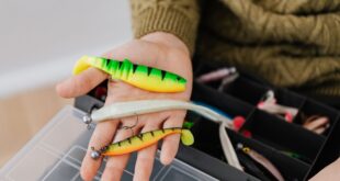 Close-up of colorful fishing lures in a hand, next to a fishing tackle box.